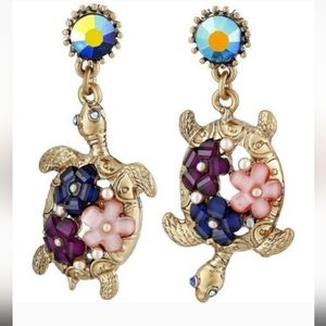 New! BETSEY JOHNSON Mismatched Floral Sea Turtle Dangle Post Earrings.